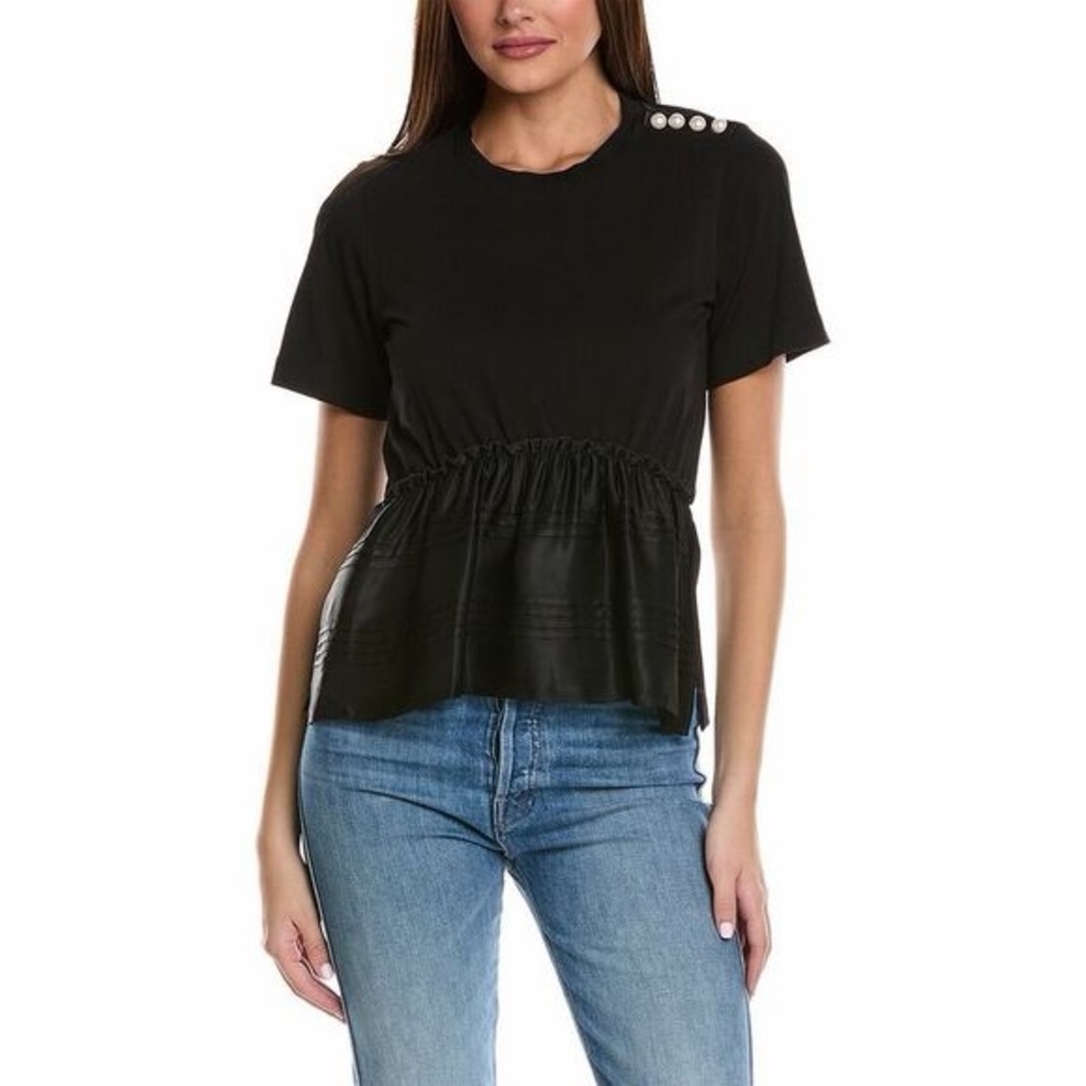 3.1 Phillip Lim Black Short-Sleeve Peplum Top with Shoulder Buttons